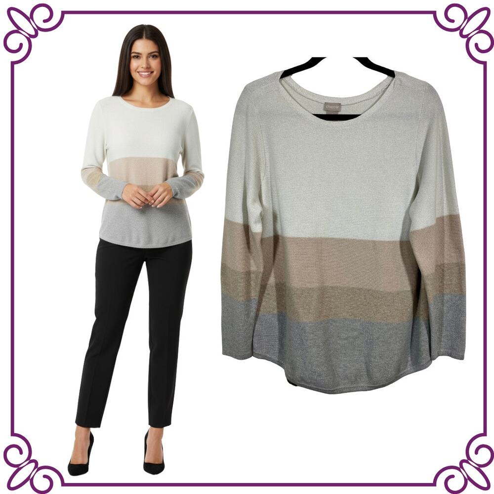 Chico's Neutral Striped Cotton Blend Crew Neck Sweater Size 2 US Large